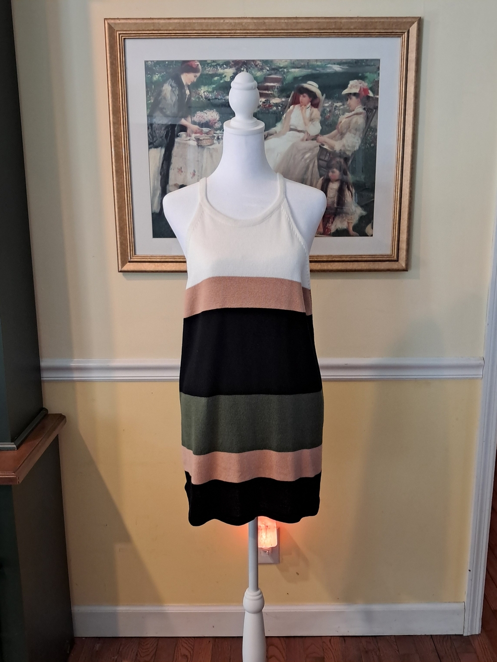 Striped Knit Tank Top in Beige, Black, Neutral and Olive Size L